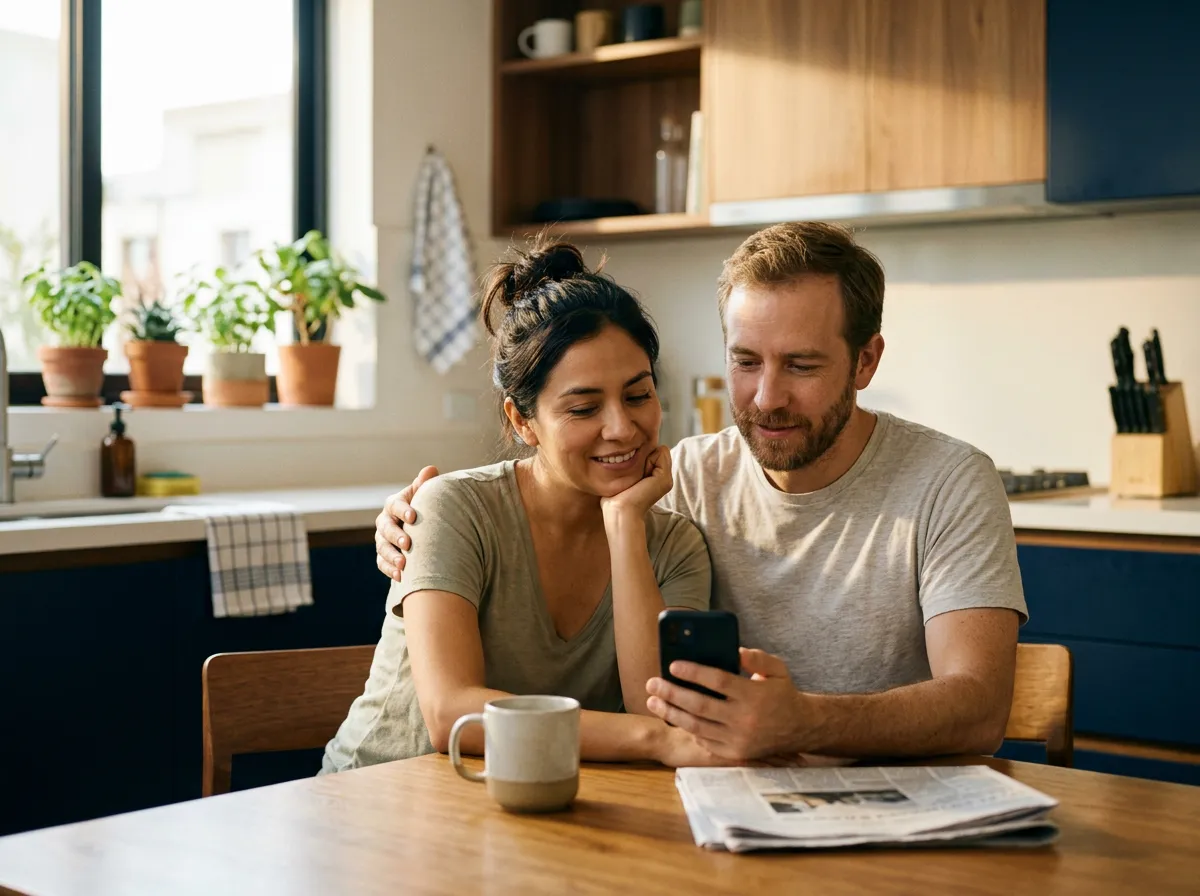 Pareja revisando sus finanzas en la cocina