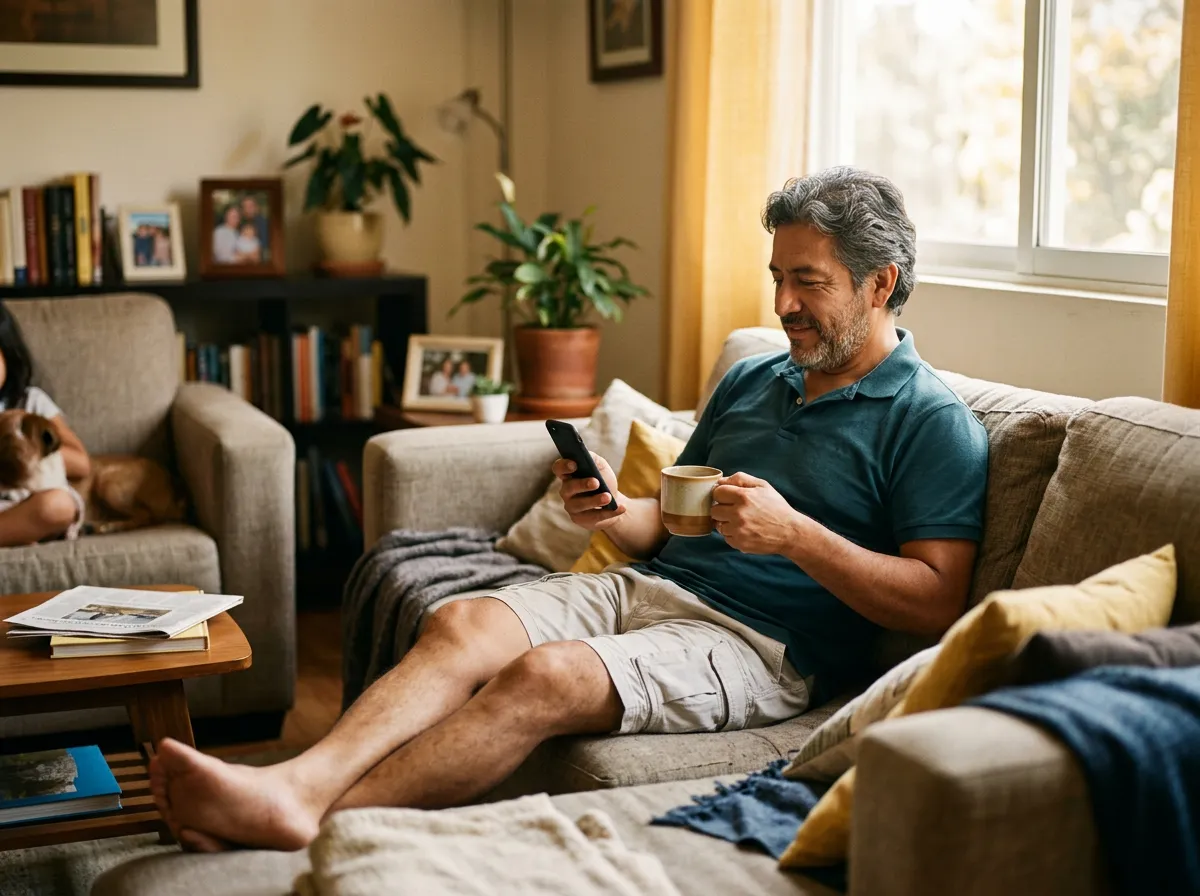 Hombre relajado revisando su celular en casa