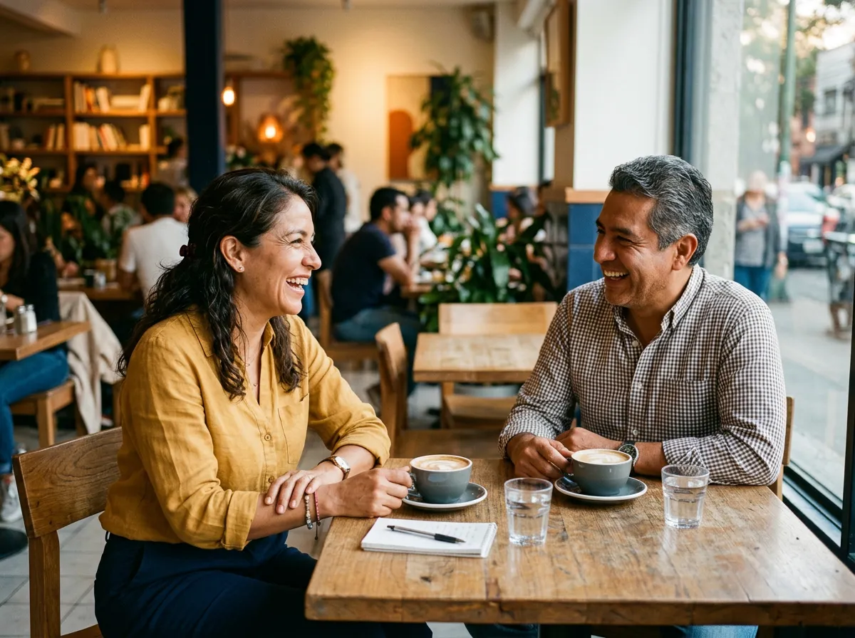 Asesora conversando con un cliente en un café